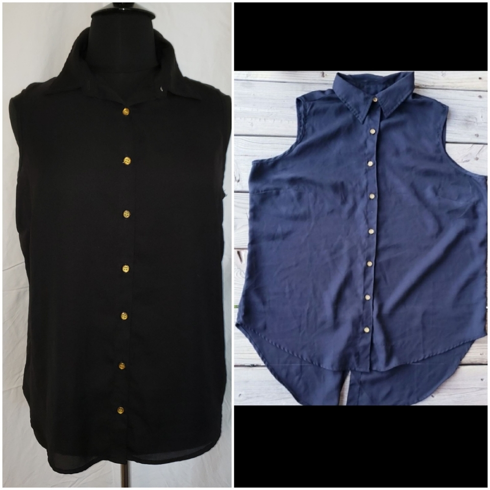MPH 1X black sheer sleeveless front back button